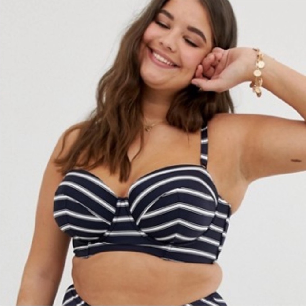 City Chic Curve Corfu underwire stripe bikini navy blue Striped Top Size M=18